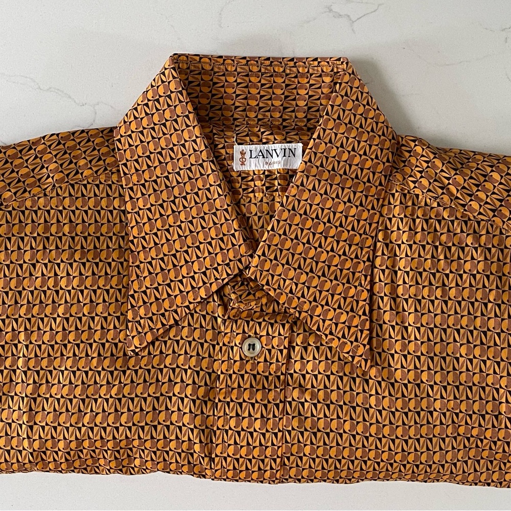 Lanvin Men's Orange Patterned Shirt with Oversized Collar Size S VINTAGE